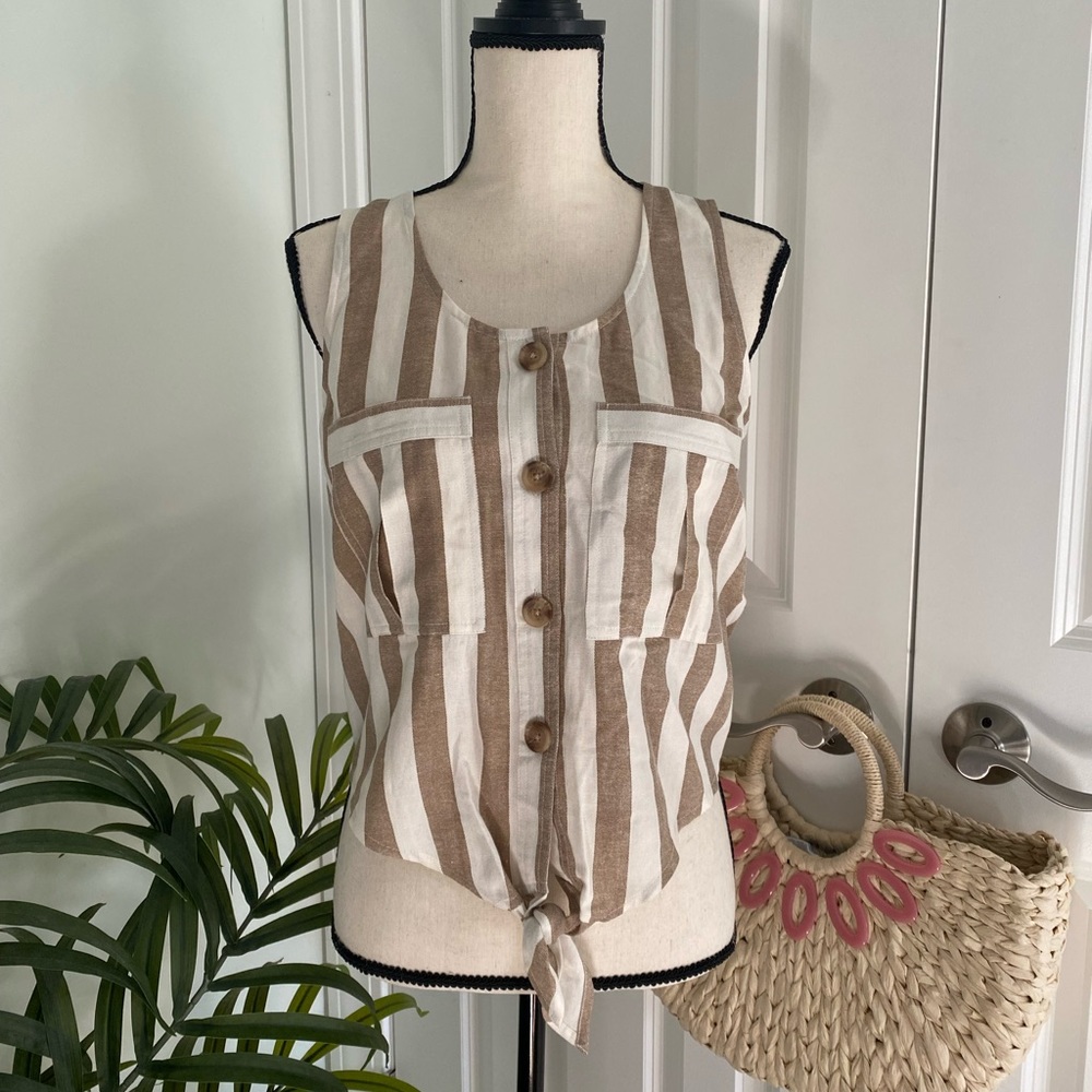 Japna Striped Front-Tie Button Down Tank Top